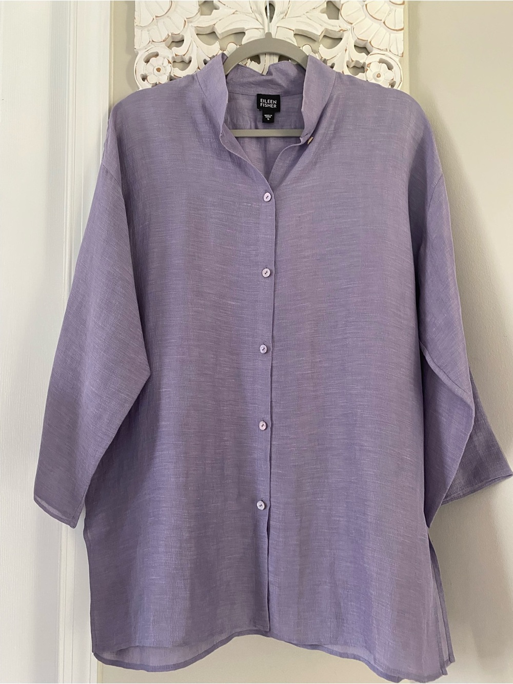 Eileen Fisher Linen Silk Semi-Sheer Tunic Top Mother of Pearl Buttons Size S - Picture 2 of 12